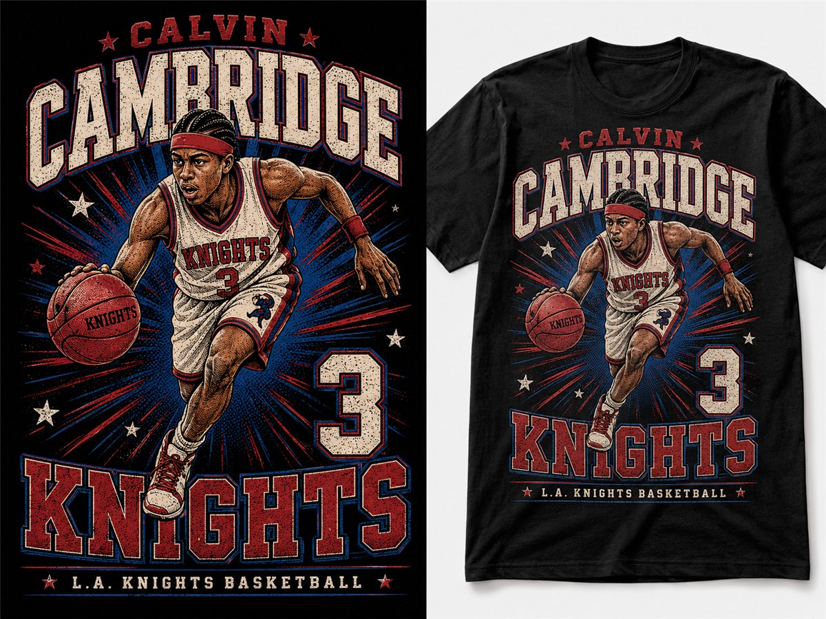 Calvin Cambridge Knights basketbol poster ve tişört mockup
