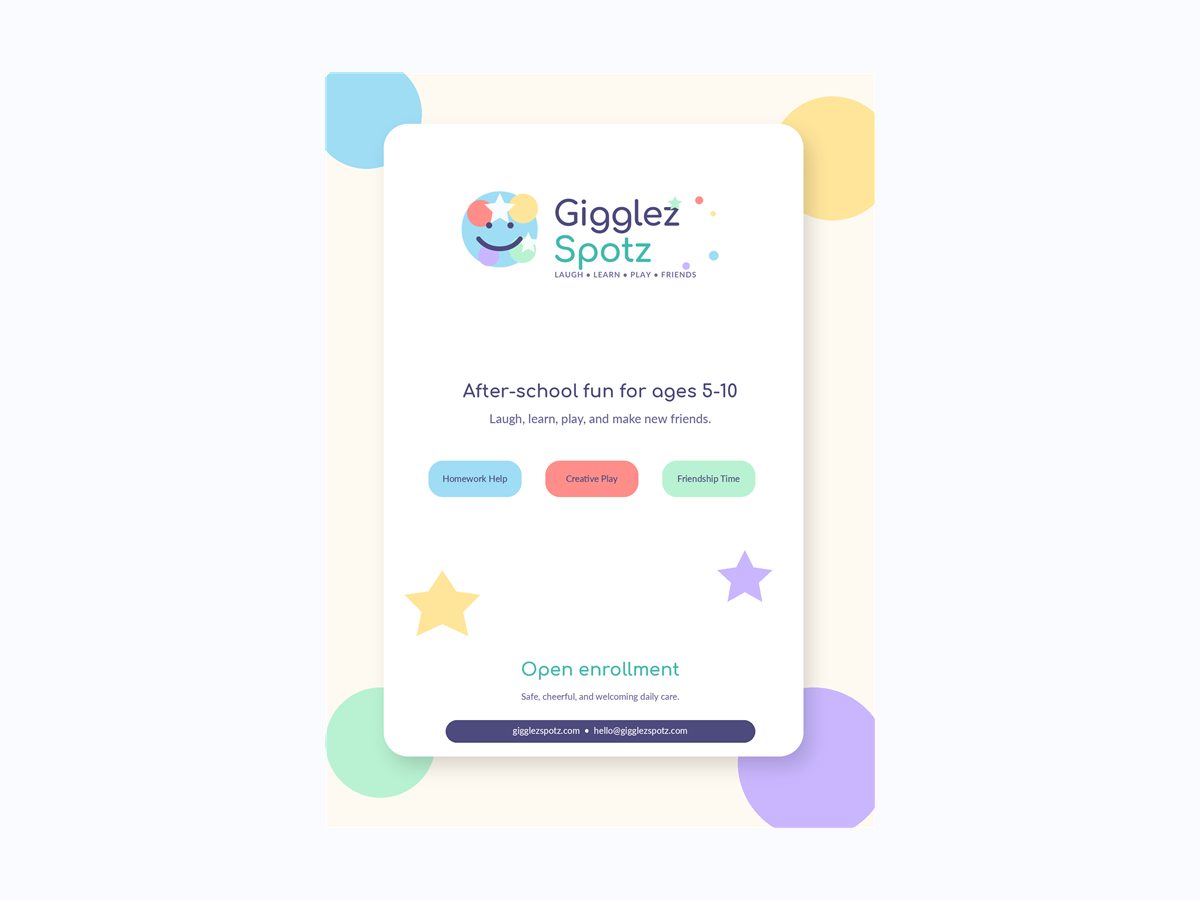 Gigglez Spotz marka kimliği flyer ve çocuk etkinliği uygulaması